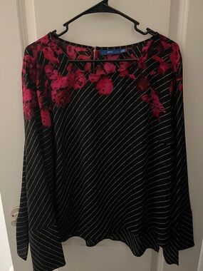 Apt. 9 Black Pinstripe Blouse with Pink Floral Yoke
